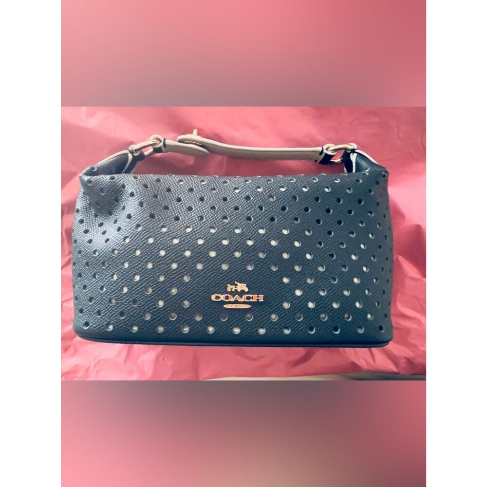Coach Perforated Leather Shoulder Bag in Navy Coach Leather Women From Japan